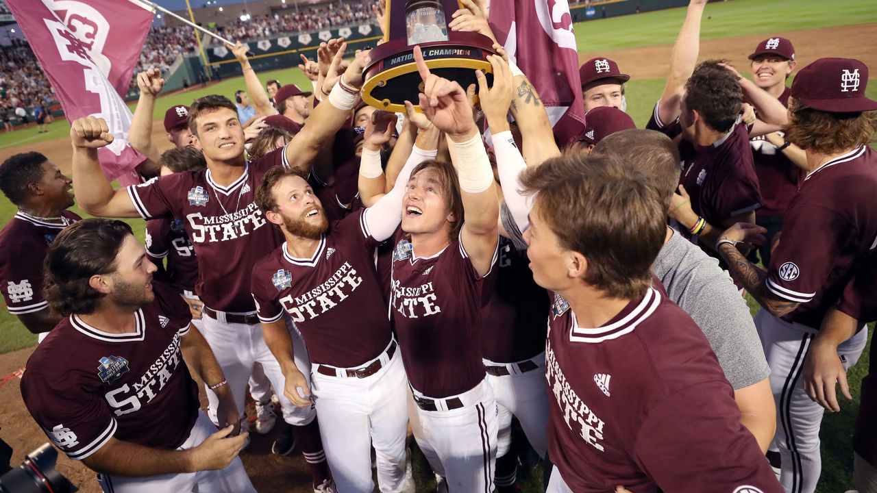 OMAHA, NEBRASKA - JUNE 30: Mississippi St. celebrates after beating Vanderbilt 9-0 during game three of the College World Series Championship at TD Ameritrade Park Omaha on June 30, 2021 in Omaha, Nebraska.