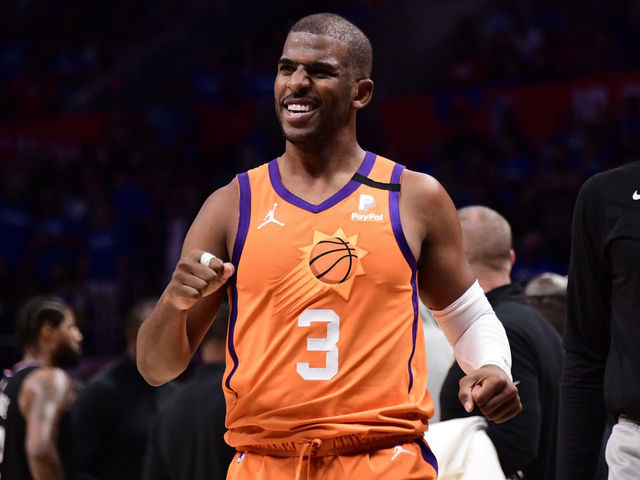 LOS ANGELES, CA - JUNE 30: Chris Paul #3 of the Phoenix Suns smiles during Game 6 of the Western Conference Finals of the 2021 NBA Playoffs on June 30, 2021 at STAPLES Center in Los Angeles, California. NOTE TO USER: User expressly acknowledges and agrees that, by downloading and/or using this Photograph, user is consenting to the terms and conditions of the Getty Images License Agreement. Mandatory Copyright Notice: Copyright 2021 NBAE