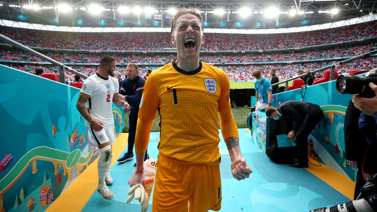 LONDON, ENGLAND - JUNE 29: Jordan Pickford of England celebrates after victory in the UEFA Euro 2020 Championship Round of 16 match between England and Germany at Wembley Stadium on June 29, 2021 in London, England.