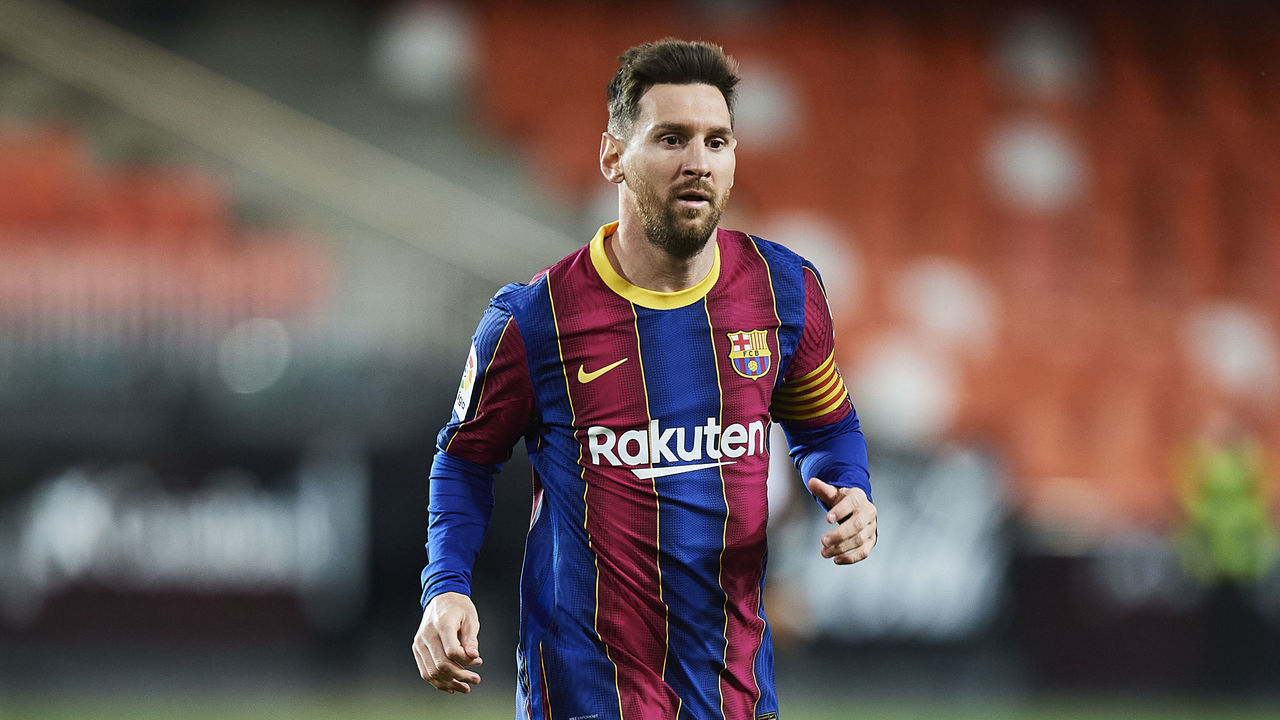 VALENCIA, SPAIN - MAY 02: Lionel Messi of FC Barcelona looks on during the La Liga Santander match between Valencia CF and FC Barcelona at Estadio Mestalla on May 02, 2021 in Valencia, Spain. Sporting stadiums around Spain remain under strict restrictions due to the Coronavirus Pandemic as Government social distancing laws prohibit fans inside venues resulting in games being played behind closed doors.