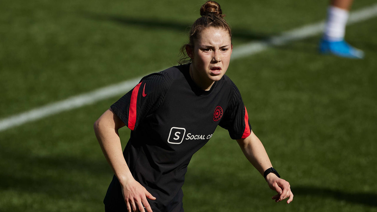 PORTLAND, OR - MARCH 27: Olivia Moultrie #42 of the Portland Thorns during a game between OL Reign and Portland Thorns FC at Providence Park on March 27, 2021 in Portland, Oregon.