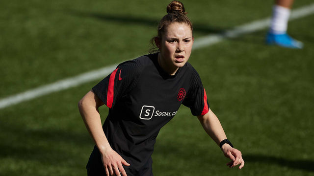 PORTLAND, OR - MARCH 27: Olivia Moultrie #42 of the Portland Thorns during a game between OL Reign and Portland Thorns FC at Providence Park on March 27, 2021 in Portland, Oregon.