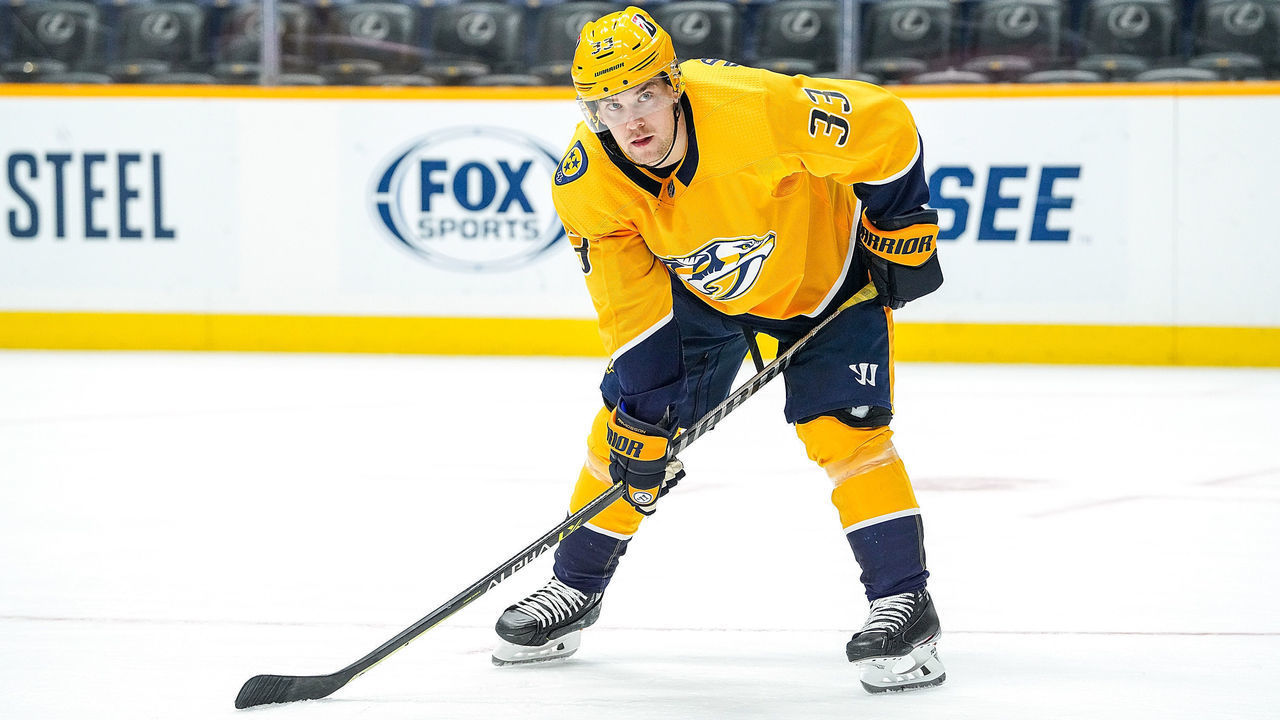 NASHVILLE, TN - MARCH 4: Viktor Arvidsson #33 of the Nashville Predators skates against the Florida Panthers at Bridgestone Arena on March 4, 2021 in Nashville, Tennessee.