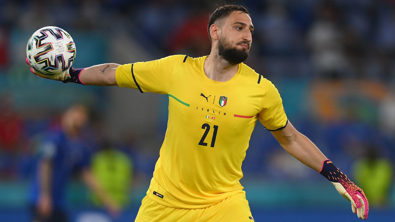 ROME, ITALY - JUNE 16: Gianluigi Donnarumma of Italy throws the ball during the UEFA Euro 2020 Championship Group A match between Italy and Switzerland at Olimpico Stadium on June 16, 2021 in Rome, Italy.