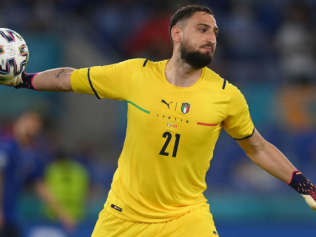 ROME, ITALY - JUNE 16: Gianluigi Donnarumma of Italy throws the ball during the UEFA Euro 2020 Championship Group A match between Italy and Switzerland at Olimpico Stadium on June 16, 2021 in Rome, Italy.