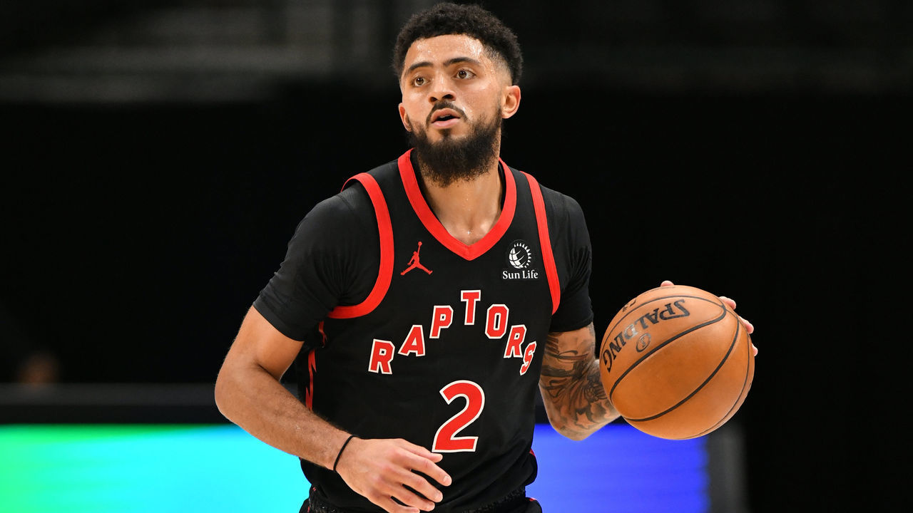 DALLAS, TX - MAY 14: Jalen Harris #2 of the Toronto Raptors dribbles during the game against the Dallas Mavericks on May 14, 2021 at the American Airlines Center in Dallas, Texas. Mandatory Copyright Notice: Copyright 2021 NBAE