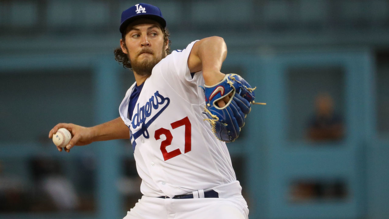 LOS ANGELES, CA - JUNE 28: Los Angeles Dodgers Starting pitcher Trevor Bauer (27) pitches during the MLB game between the San Francisco Giants and the Los Angeles Dodgers on June 28, 2021, at Dodger Stadium in Los Angeles, CA.