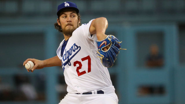 LOS ANGELES, CA - JUNE 28: Los Angeles Dodgers Starting pitcher Trevor Bauer (27) pitches during the MLB game between the San Francisco Giants and the Los Angeles Dodgers on June 28, 2021, at Dodger Stadium in Los Angeles, CA.