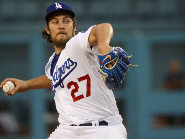 LOS ANGELES, CA - JUNE 28: Los Angeles Dodgers Starting pitcher Trevor Bauer (27) pitches during the MLB game between the San Francisco Giants and the Los Angeles Dodgers on June 28, 2021, at Dodger Stadium in Los Angeles, CA.