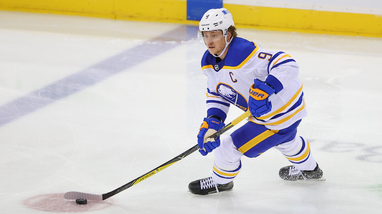 NEWARK, NJ - FEBRUARY 23: Buffalo Sabres center Jack Eichel (9) skates during the first period of the National Hockey League game between the New Jersey Devils and tyhe Buffalo Sabres on February 23, 2021 at the Prudential Center in Newark, NJ.
