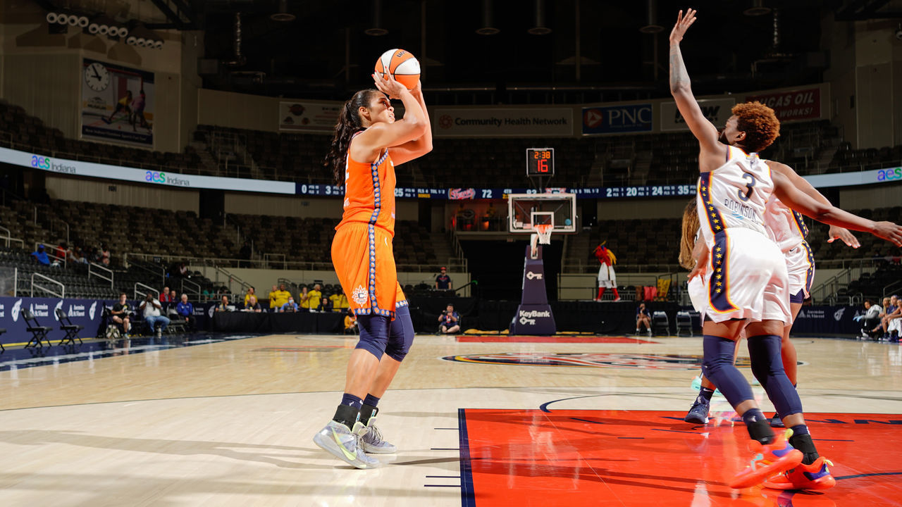 INDIANAPOLIS, IN - JULY 1: Brionna Jones #42 of the Connecticut Sun shoots the ball during the game against the Indiana Fever on July 1, 2021 at Bankers Life Fieldhouse in Indianapolis, Indiana. Mandatory Copyright Notice: Copyright 2020 NBAE