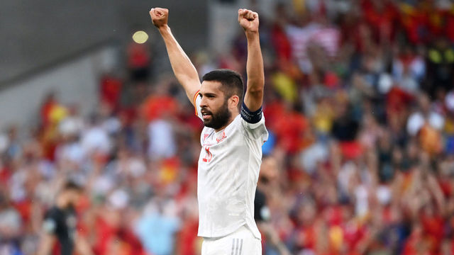 COPENHAGEN, DENMARK - JUNE 28: Jordi Alba of Spain celebrates after victory in the UEFA Euro 2020 Championship Round of 16 match between Croatia and Spain at Parken Stadium on June 28, 2021 in Copenhagen, Denmark.