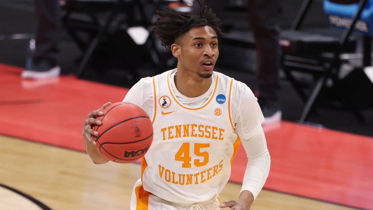INDIANAPOLIS, IN - MARCH 19: Keon Johnson #45 of the Tennessee Volunteers dribbles the ball up court against the Oregon State Beavers in the first round of the 2021 NCAA Division I Men"u2019s Basketball Tournament held at Bankers Life Fieldhouse on March 19, 2021 in Indianapolis, Indiana.