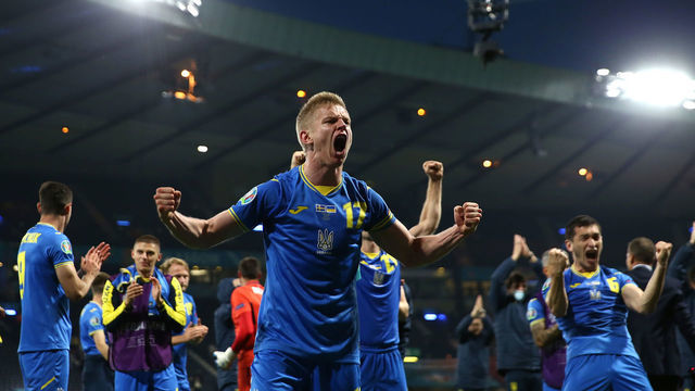 GLASGOW, SCOTLAND - JUNE 29: Oleksandr Zinchenko of Ukraine celebrates their side's victory with team mates after the UEFA Euro 2020 Championship Round of 16 match between Sweden and Ukraine at Hampden Park on June 29, 2021 in Glasgow, Scotland.