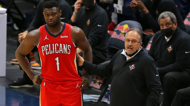 NEW ORLEANS, LOUISIANA - MARCH 27: Head coach Stan Van Gundy of the New Orleans Pelicans and Zion Williamson #1 talk during a game at the Smoothie King Center on March 27, 2021 in New Orleans, Louisiana.