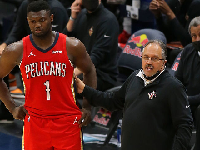 NEW ORLEANS, LOUISIANA - MARCH 27: Head coach Stan Van Gundy of the New Orleans Pelicans and Zion Williamson #1 talk during a game at the Smoothie King Center on March 27, 2021 in New Orleans, Louisiana.
