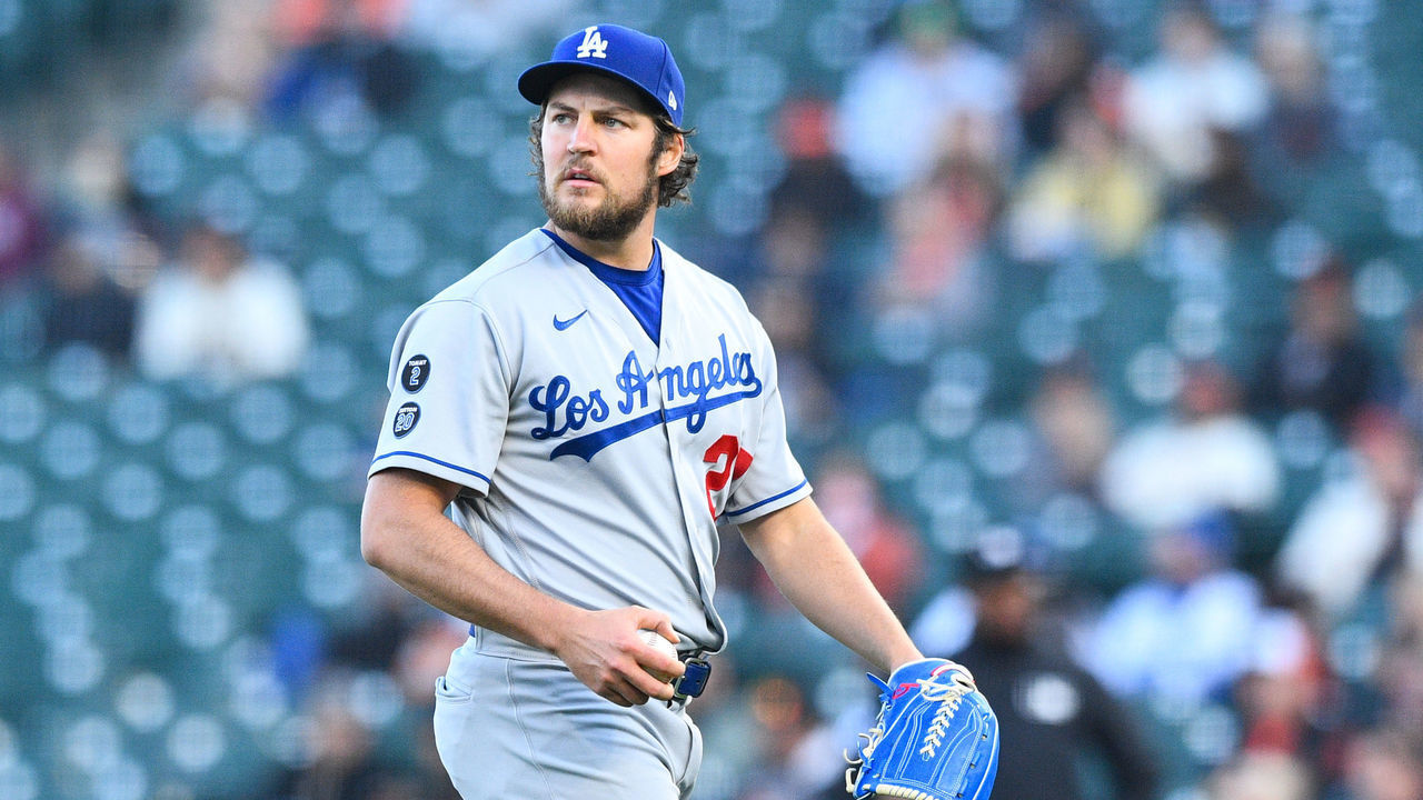 SAN FRANCISCO, CA - MAY 21: Los Angeles Dodgers pitcher Trevor Bauer (27) looks on during a MLB game between the Los Angeles Dodgers and the San Francisco Giants on May 21, 2021 at Oracle Park in San Francisco, CA.