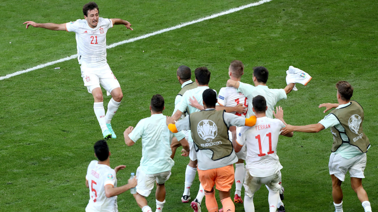 COPENHAGEN, DENMARK - JUNE 28: Mikel Oyarzabal of Spain with team-mates celebrating the goal during the UEFA Euro 2020 Championship Round of 16 match between Croatia and Spain at Parken Stadium on June 28, 2021 in Copenhagen, Denmark.