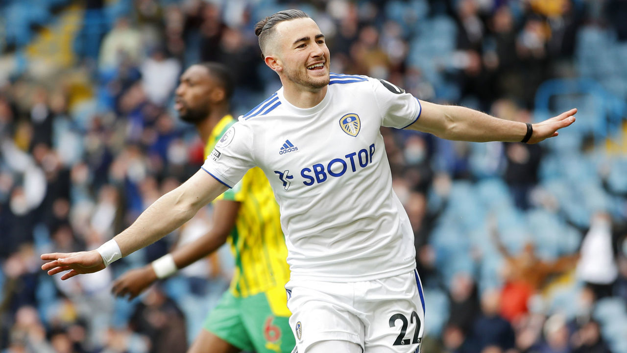 Leeds United's Jack Harrison celebrates scoring a goal that is caught offside during the Premier League match at Elland Road, Leeds. Picture date: Sunday May 23, 2021.