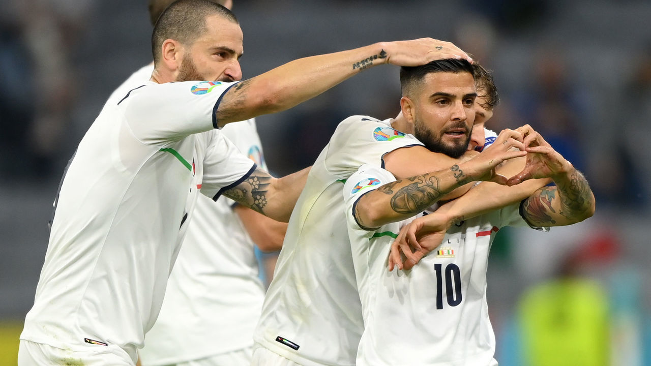 MUNICH, GERMANY - JULY 02: Lorenzo Insigne of Italy celebrates with team mates after scoring their side's second goal during the UEFA Euro 2020 Championship Quarter-final match between Belgium and Italy at Football Arena Munich on July 02, 2021 in Munich, Germany.