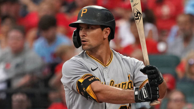 ST. LOUIS, MO - JUNE 25: Pittsburgh Pirates Second base Adam Frazier (26) at the plate during a game between the St. Louis Cardinals and the Pittsburgh Pirates at Busch Stadium in St. Louis, MO on June 25, 2021.