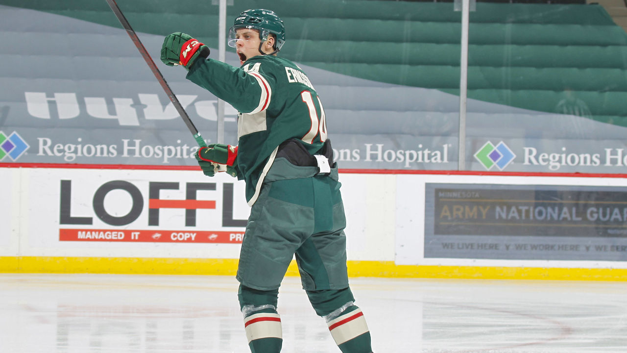 SAINT PAUL, MN - MARCH 10: Joel Eriksson Ek #14 of the Minnesota Wild celebrates after scoring a goal against the Vegas Golden Knights during the game at the Xcel Energy Center on March 10, 2021 in Saint Paul, Minnesota.
