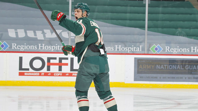 SAINT PAUL, MN - MARCH 10: Joel Eriksson Ek #14 of the Minnesota Wild celebrates after scoring a goal against the Vegas Golden Knights during the game at the Xcel Energy Center on March 10, 2021 in Saint Paul, Minnesota.