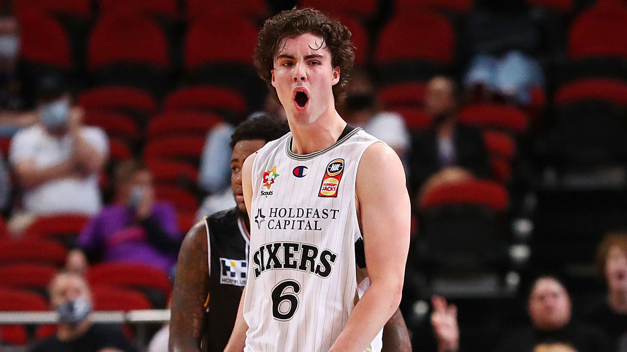 SYDNEY, AUSTRALIA - MAY 09: Josh Giddey of the 36ers celebrates a basket during the round 17 NBL match between Sydney Kings and Adelaide 36ers at Qudos Bank Arena, on May 09, 2021, in Sydney, Australia.