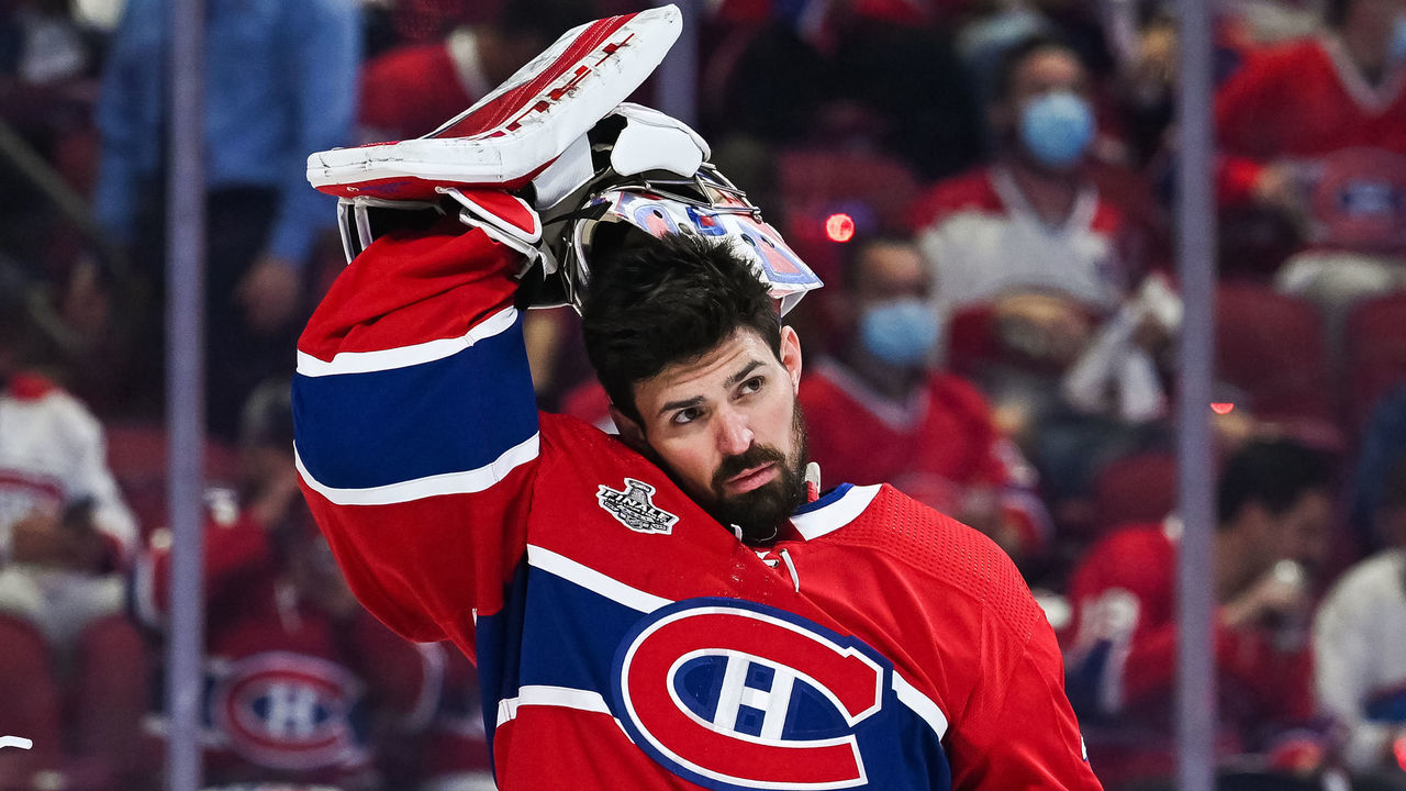 MONTREAL, QC - JULY 02: Montreal Canadiens goalie Carey Price (31) pulls his helmet down during the NHL Stanley Cup Playoffs Final game 3 between the Tampa Bay Lightning versus the Montreal Canadiens on July 02, 2021, at Bell Centre in Montreal, QC