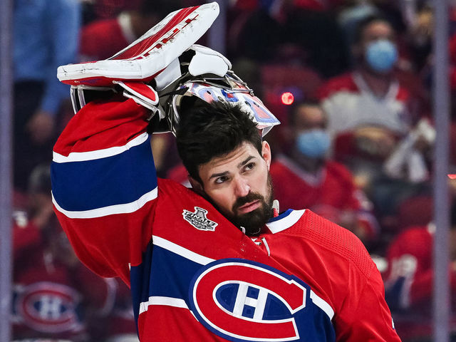 MONTREAL, QC - JULY 02: Montreal Canadiens goalie Carey Price (31) pulls his helmet down during the NHL Stanley Cup Playoffs Final game 3 between the Tampa Bay Lightning versus the Montreal Canadiens on July 02, 2021, at Bell Centre in Montreal, QC