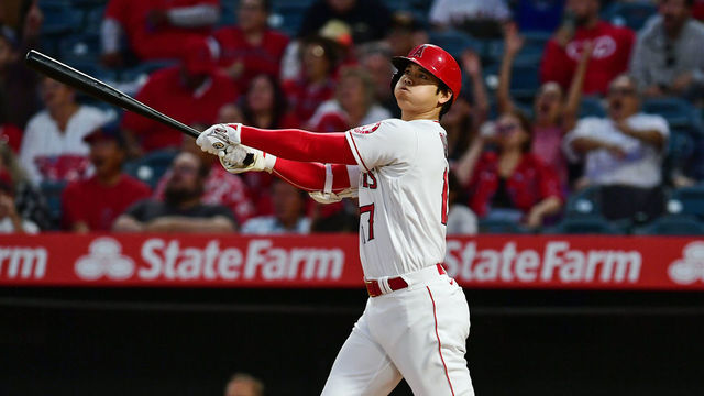 ANAHEIM, CA - JULY 02: Los Angeles Angels designated hitter Shohei Ohtani (17) hits a two run home run in the fourth inning of a game against the Baltimore Orioles played on July 2, 2021 at Angel Stadium in Anaheim, CA.