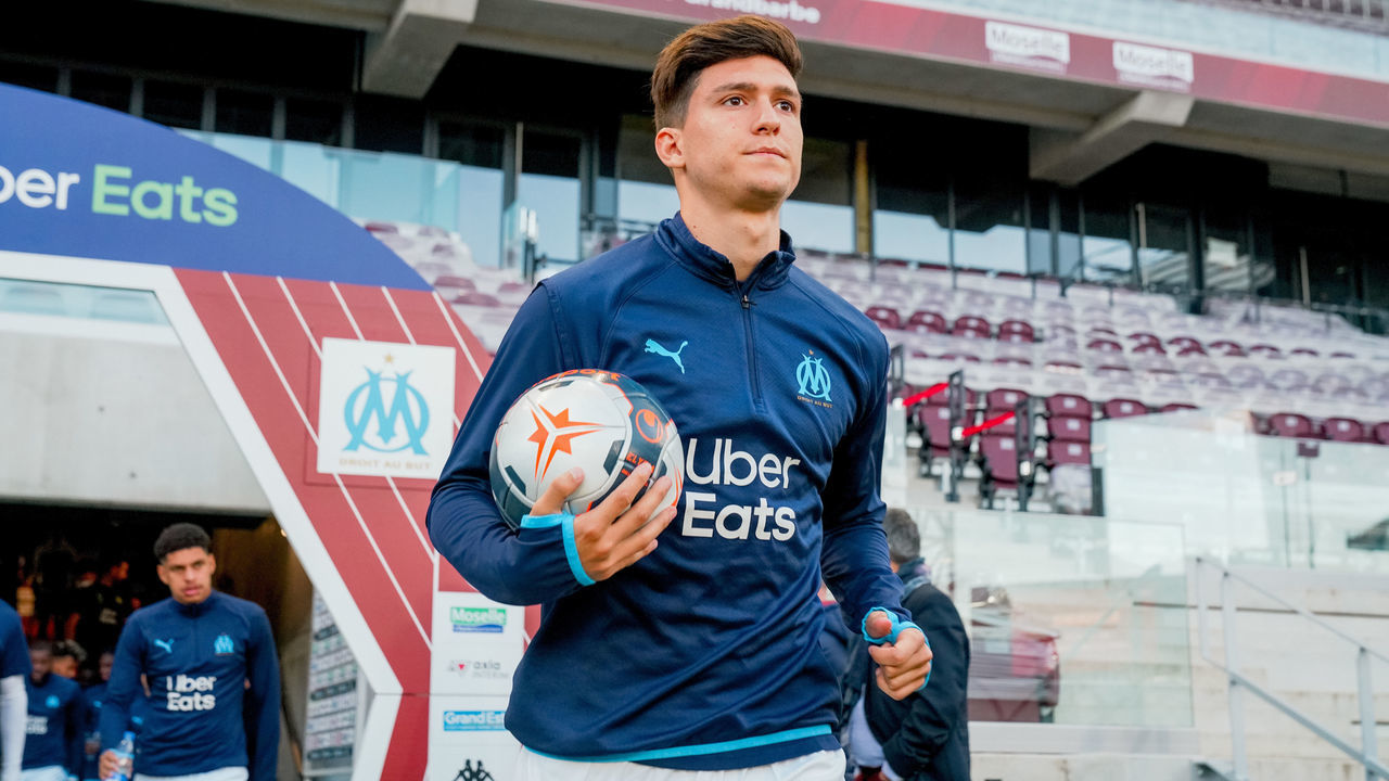 METZ, FRANCE - MAY 23: Leonardo Balerdi goes out for the warm-up during the Ligue 1 match between FC Metz and Olympique Marseille at Stade Saint-Symphorien on May 23, 2021 in Metz, France.