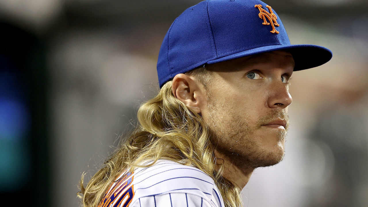 NEW YORK, NEW YORK - JUNE 16: Noah Syndergaard #34 of the New York Mets looks on from the dugout during the game against the Chicago Cubs at Citi Field on June 16, 2021 in the Flushing neighborhood of the Queens borough of New York City.