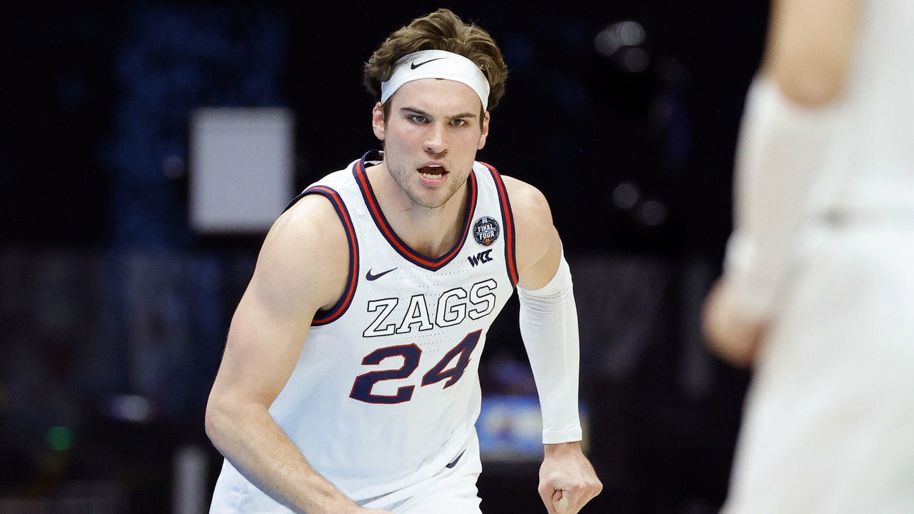 INDIANAPOLIS, INDIANA - APRIL 03: Corey Kispert #24 of the Gonzaga Bulldogs reacts in the second half against the UCLA Bruins during the 2021 NCAA Final Four semifinal at Lucas Oil Stadium on April 03, 2021 in Indianapolis, Indiana.