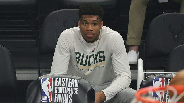 MILWAUKEE, WISCONSIN - JULY 01: Giannis Antetokounmpo #34 of the Milwaukee Bucks looks on before Game Five of the Eastern Conference Finals against the Atlanta Hawks at Fiserv Forum on July 01, 2021 in Milwaukee, Wisconsin.