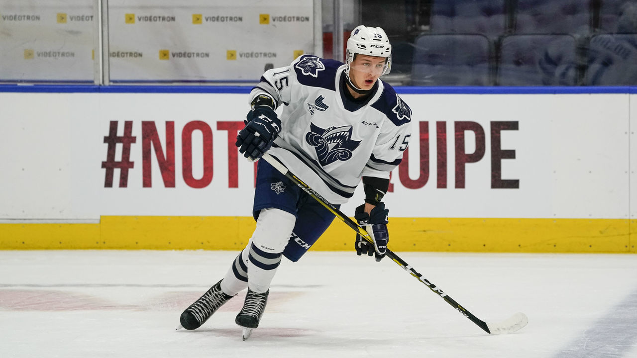 QUEBEC CITY, QC - OCTOBER 18: Zachary Bolduc #15 of the Rimouski Oceanic skates prior to his QMJHL hockey game at the Videotron Center on October 18, 2019 in Quebec City, Quebec, Canada.