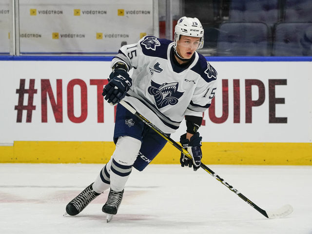 QUEBEC CITY, QC - OCTOBER 18: Zachary Bolduc #15 of the Rimouski Oceanic skates prior to his QMJHL hockey game at the Videotron Center on October 18, 2019 in Quebec City, Quebec, Canada.