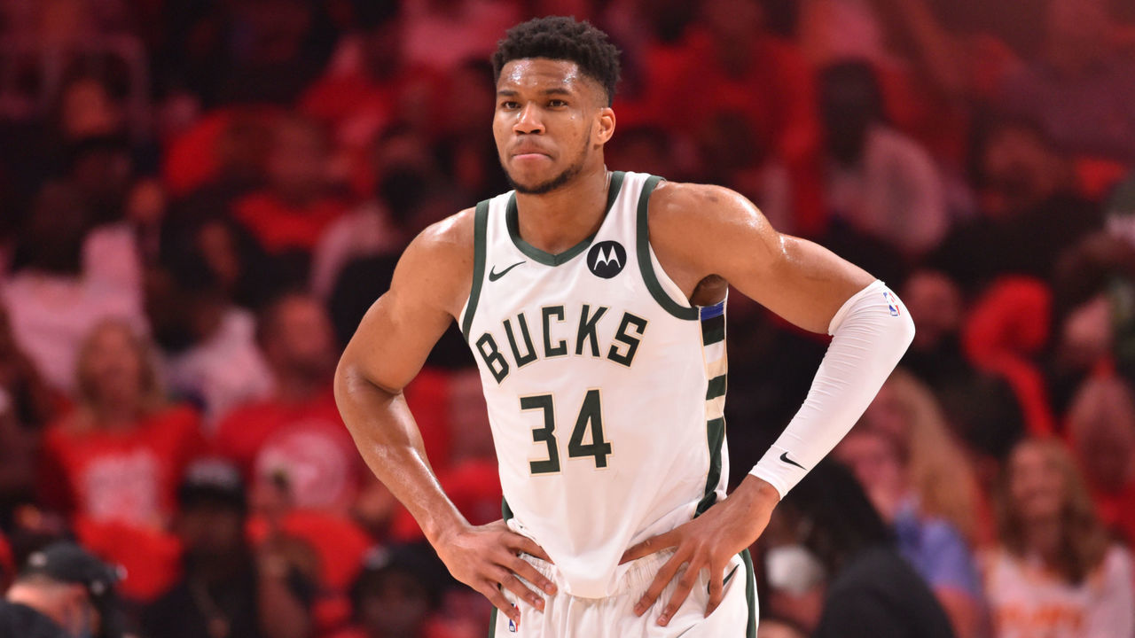 ATLANTA, GA - JUNE 29: Giannis Antetokounmpo #34 of the Milwaukee Bucks looks on during Game 4 of the Eastern Conference Finals of the 2021 NBA Playoffs on June 29, 2021 at State Farm Arena in Atlanta, Georgia. NOTE TO USER: User expressly acknowledges and agrees that, by downloading and/or using this Photograph, user is consenting to the terms and conditions of the Getty Images License Agreement. Mandatory Copyright Notice: Copyright 2021 NBAE