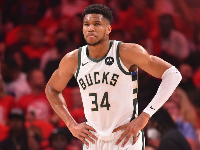 ATLANTA, GA - JUNE 29: Giannis Antetokounmpo #34 of the Milwaukee Bucks looks on during Game 4 of the Eastern Conference Finals of the 2021 NBA Playoffs on June 29, 2021 at State Farm Arena in Atlanta, Georgia. NOTE TO USER: User expressly acknowledges and agrees that, by downloading and/or using this Photograph, user is consenting to the terms and conditions of the Getty Images License Agreement. Mandatory Copyright Notice: Copyright 2021 NBAE