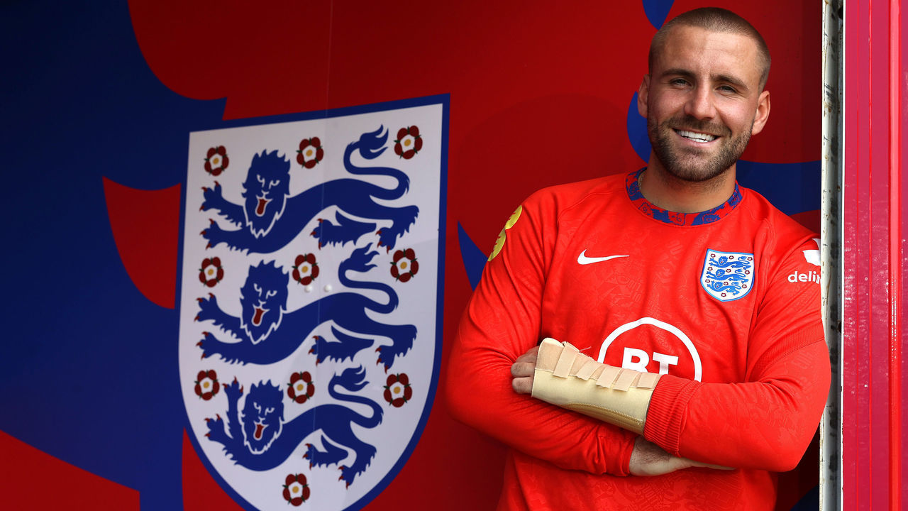 BURTON UPON TRENT, ENGLAND - JULY 01: Luke Shaw of England poses for a portrait in the Lion's Den at St George's Park on July 01, 2021 in Burton upon Trent, England.