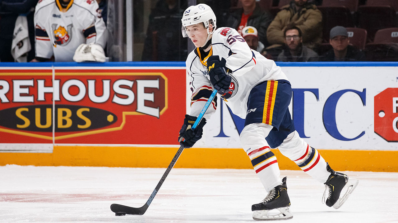 OSHAWA, ON - JANUARY 26: Brandt Clarke #55 of the Barrie Colts plays the puck during an OHL game against the Oshawa Generals at the Tribute Communities Centre on January 26, 2020 in Oshawa, Ontario, Canada.