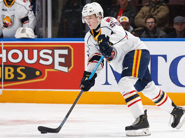 OSHAWA, ON - JANUARY 26: Brandt Clarke #55 of the Barrie Colts plays the puck during an OHL game against the Oshawa Generals at the Tribute Communities Centre on January 26, 2020 in Oshawa, Ontario, Canada.