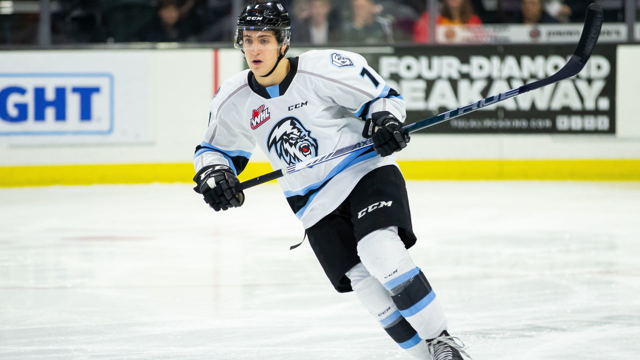 EVERETT, WASHINGTON - NOVEMBER 16: Winnipeg Ice defenseman Carson Lambos #7 skates up the ice during the first period against the Everett Silvertips at Angel of the Winds Arena on November 16, 2019 in Everett, Washington.