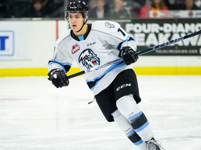 EVERETT, WASHINGTON - NOVEMBER 16: Winnipeg Ice defenseman Carson Lambos #7 skates up the ice during the first period against the Everett Silvertips at Angel of the Winds Arena on November 16, 2019 in Everett, Washington.