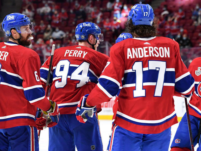 MONTREAL, QC - JULY 2: Corey Perry #94 of the Montreal Canadiens celebrates with teammates after scoring a goal against the Tampa Bay Lightning in Game Three of the Stanley Cup Final of the 2021 Stanley Cup Playoffs at the Bell Centre on July 2, 2021 in Montreal, Quebec, Canada.