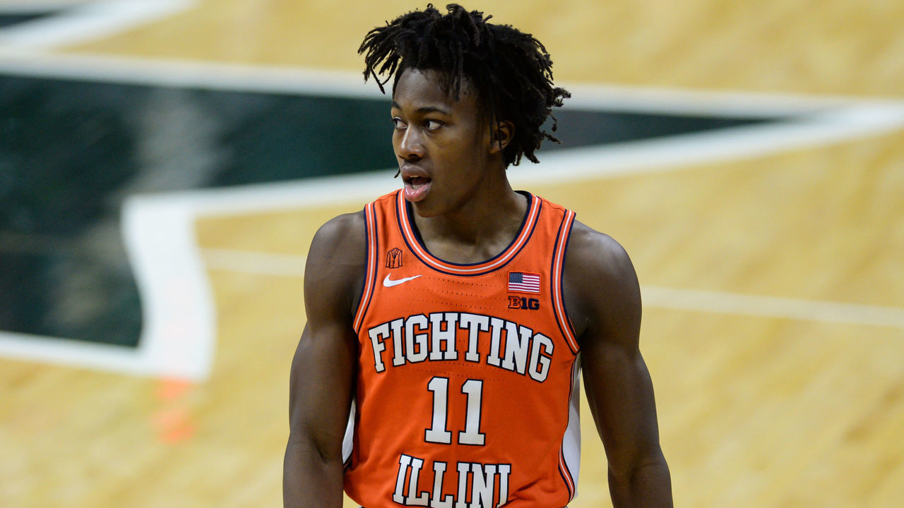 EAST LANSING, MI - FEBRUARY 23: Illinois Fighting Illini guard Ayo Dosunmu (11) walks up court during a college basketball game between the Michigan State Spartans and the Illinois Fighting Illini on February 23, 2021 at the Breslin Student Events Center in East Lansing, MI.