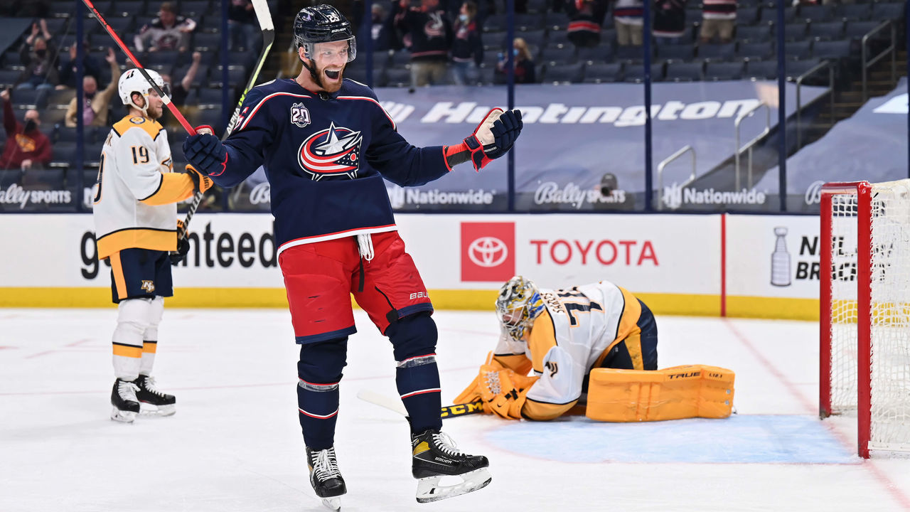 COLUMBUS, OH - MAY 5: Mikhail Grigorenko #25 of the Columbus Blue Jackets skates against the Nashville Predators at Nationwide Arena on May 5, 2021 in Columbus, Ohio.