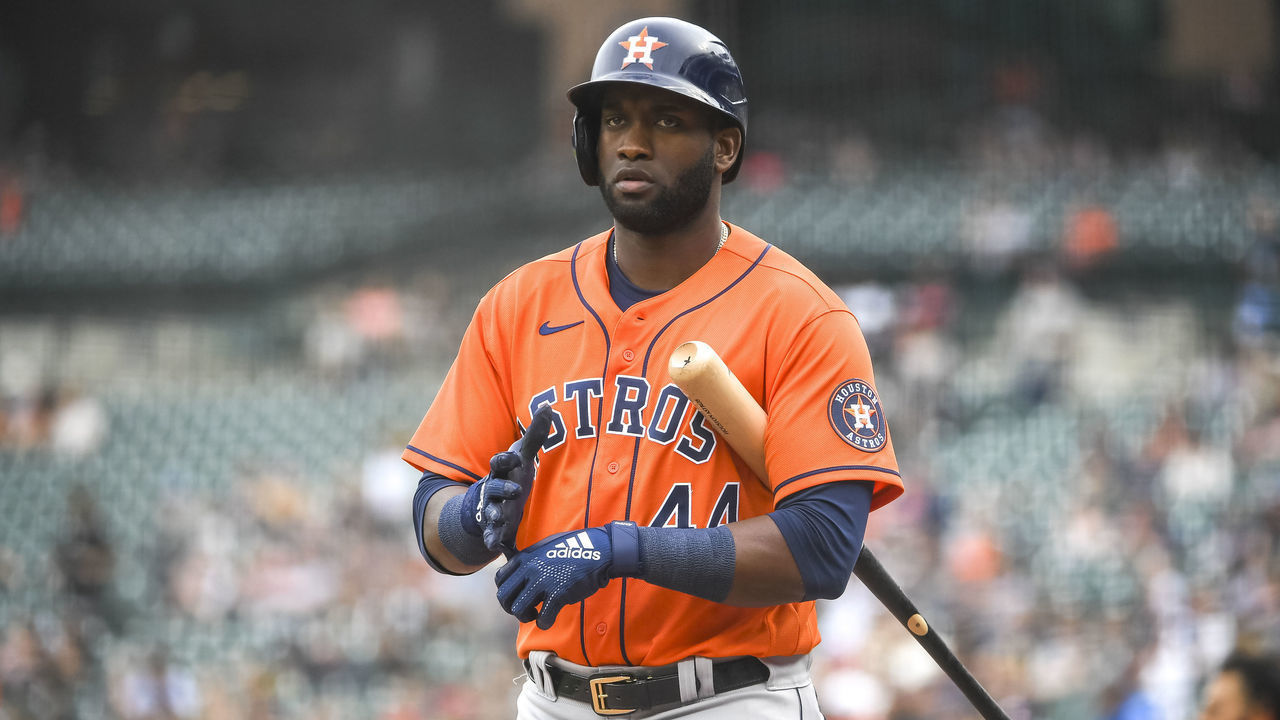 DETROIT, MICHIGAN - JUNE 26: Yordan Alvarez #44 of the Houston Astros walks up to bat against the Detroit Tigers during game two of a doubleheader at Comerica Park on June 26, 2021 in Detroit, Michigan.