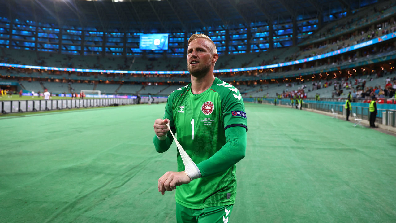 BAKU, AZERBAIJAN - JULY 03: Kasper Schmeichel of Denmark celebrates their side's victory after the UEFA Euro 2020 Championship Quarter-final match between Czech Republic and Denmark at Baku Olimpiya Stadionu on July 03, 2021 in Baku, Azerbaijan.