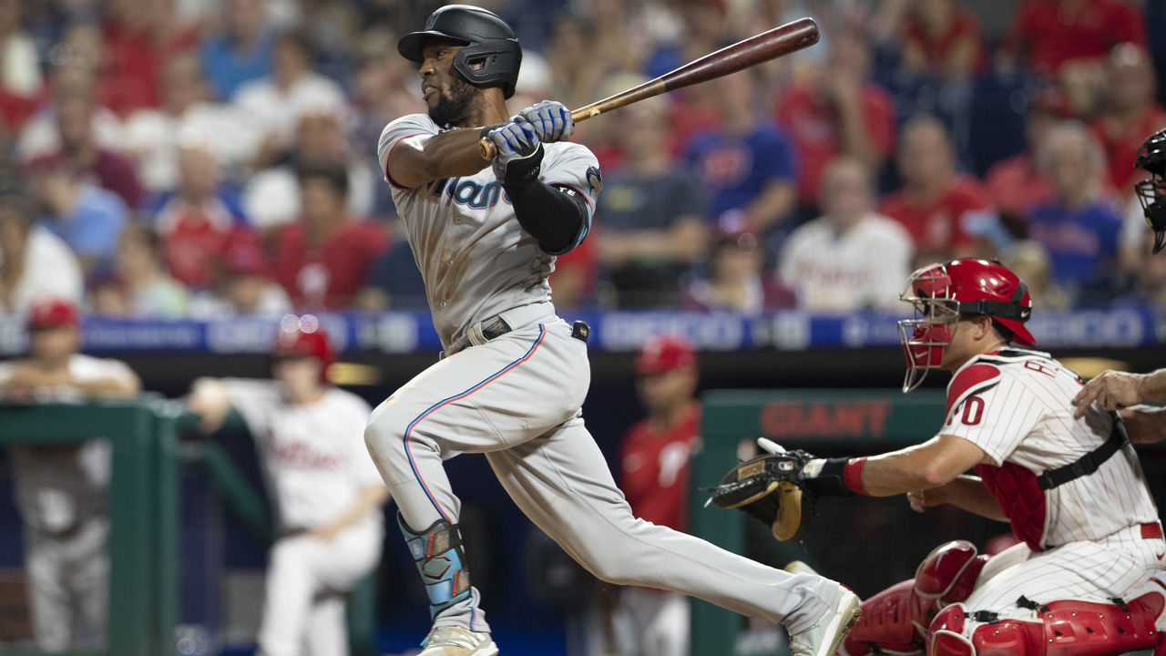PHILADELPHIA, PA - JUNE 30: Starling Marte #6 of the Miami Marlins bats against the Philadelphia Phillies at Citizens Bank Park on June 30, 2021 in Philadelphia, Pennsylvania. The Marlins defeated the Phillies 11-6.